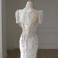 Robes de mariée longues blanches sirène de luxe à manches courtes B082