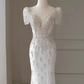 Robes de mariée longues blanches sirène de luxe à manches courtes B082