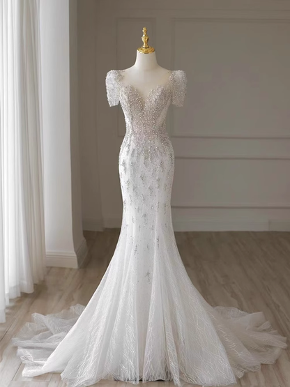 Robes de mariée longues blanches sirène de luxe à manches courtes B082