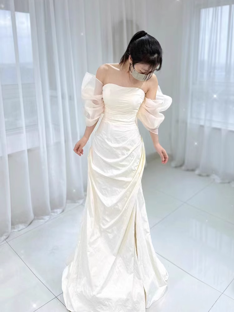 Vintage sirène manches courtes blanc longues robes de mariée B086