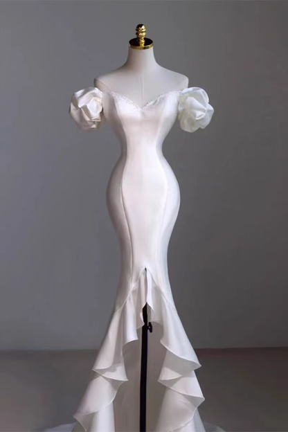 Vintage Mermaid Off the Shoulder Short Sleeves White Satin Wedding Dresses B087