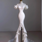 Vintage Mermaid Off the Shoulder Short Sleeves White Satin Wedding Dresses B087
