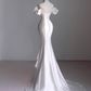 Vintage Mermaid Off the Shoulder Short Sleeves White Satin Wedding Dresses B087