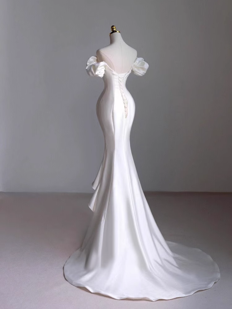 Robe de mariée sirène Vintage, épaules dénudées, manches courtes, en Satin blanc, B087
