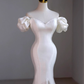 Vintage Mermaid Off the Shoulder Short Sleeves White Satin Wedding Dresses B087