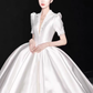Vintage Ball Gown V neckline White Satin Long Wedding Dresses B091