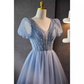 A line V Neckline Short Sleeves Long Blue Prom Dress B094