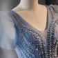 A line V Neckline Short Sleeves Long Blue Prom Dress B094