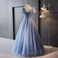A line V Neckline Short Sleeves Long Blue Prom Dress B094