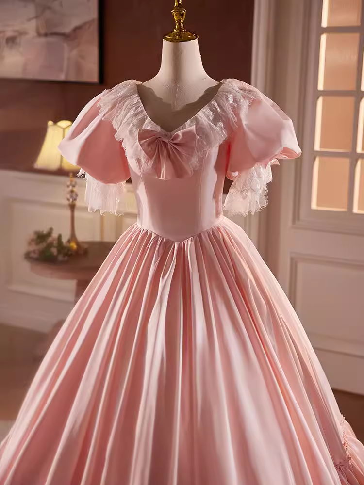 Robe de bal vintage rose manches courtes dentelle douce 16 robes B096