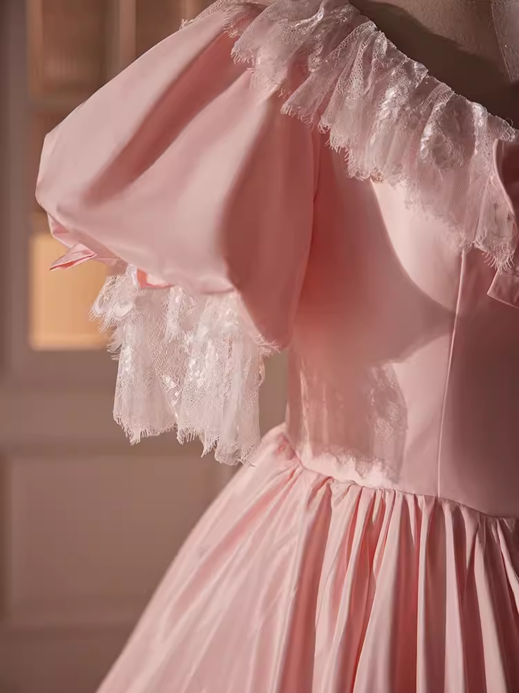 Robe de bal vintage rose manches courtes dentelle douce 16 robes B096