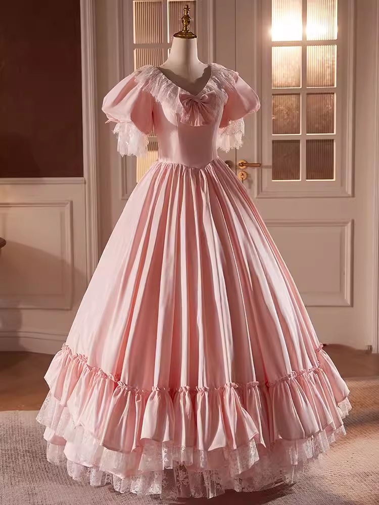 Robe de bal vintage rose manches courtes dentelle douce 16 robes B096