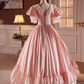Robe de bal vintage rose manches courtes dentelle douce 16 robes B096