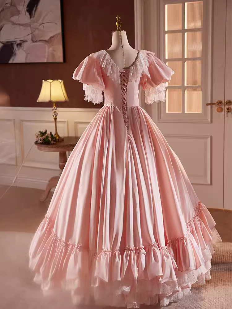 Robe de bal vintage rose manches courtes dentelle douce 16 robes B096