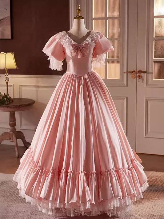 Robe de bal vintage rose manches courtes dentelle douce 16 robes B096