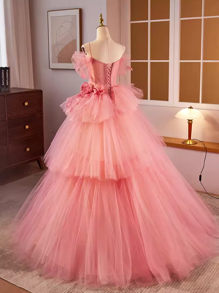 Vintage Ball Gown Short Sleeves Pink Flowers Sweet 16 Dresses B099