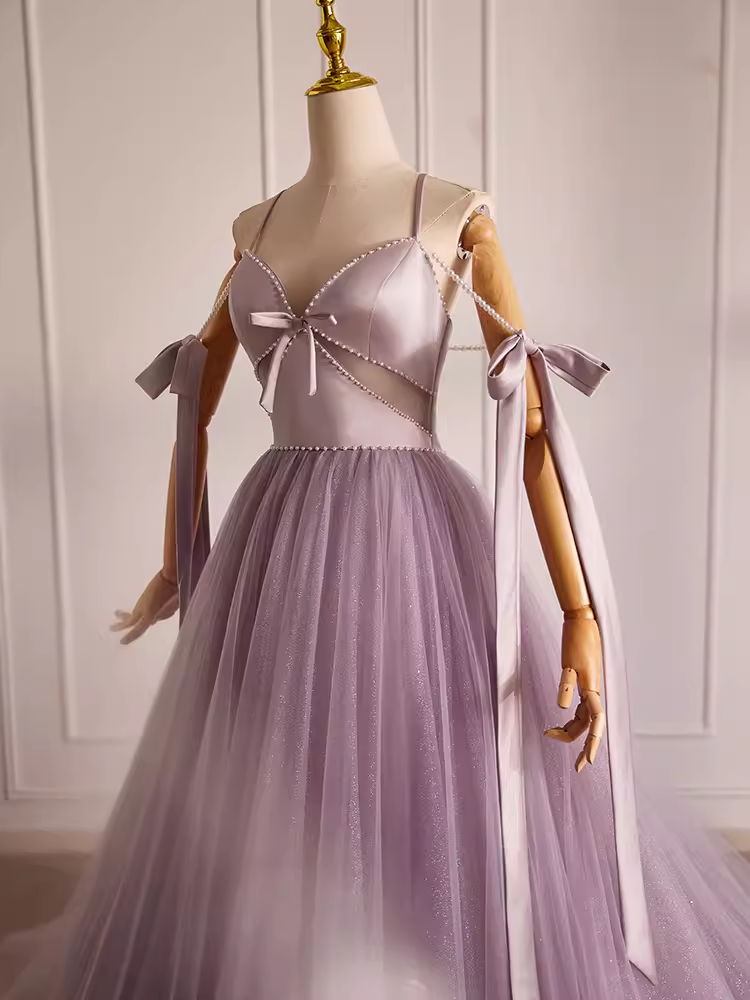 Modest A line Straps Tulle Long Lilac Prom Dress B100