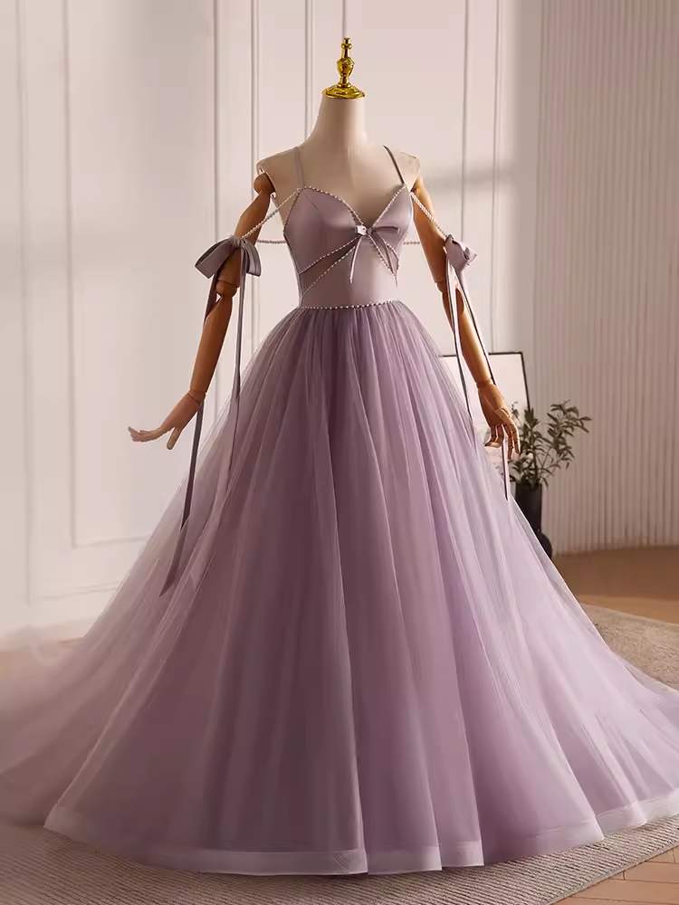 Modest A line Straps Tulle Long Lilac Prom Dress B100