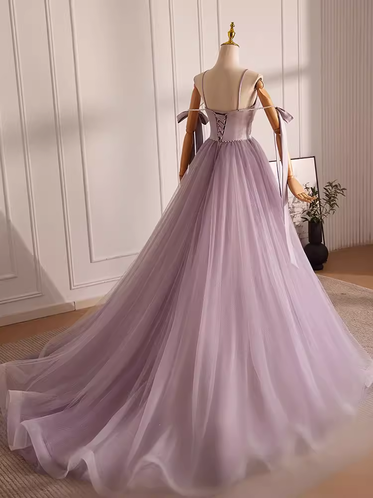 Modest A line Straps Tulle Long Lilac Prom Dress B100