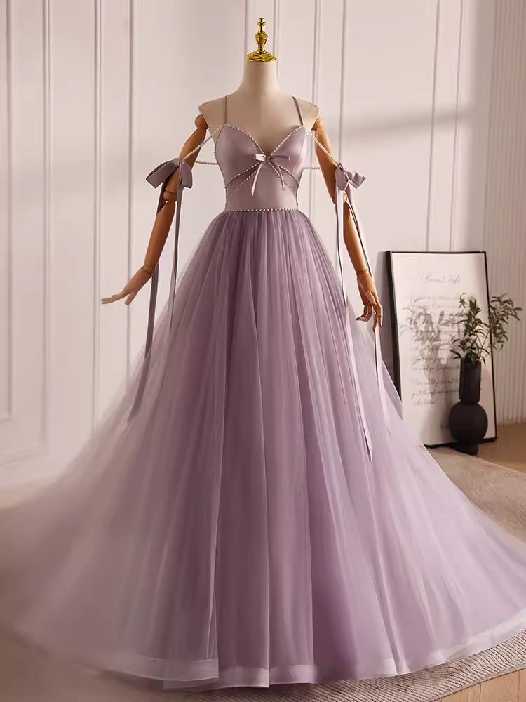Modest A line Straps Tulle Long Lilac Prom Dress B100