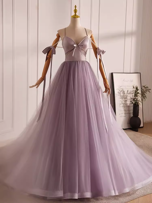 Robe de bal longue en tulle, ligne A, modeste, bretelles, lilas, B100