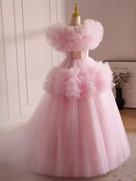 Vintage Ball Gown Short Sleeves Pink Tulle Sweet 16 Dresses B101