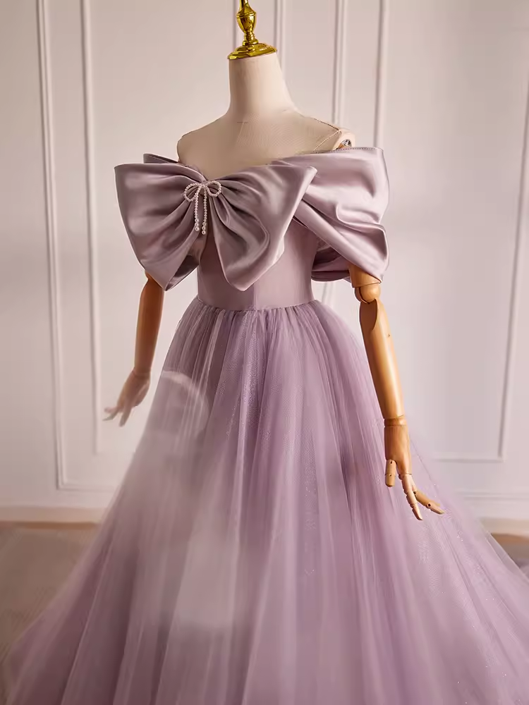 Modest A line Off The Shoulder Tulle Long Lilac Prom Dress B102