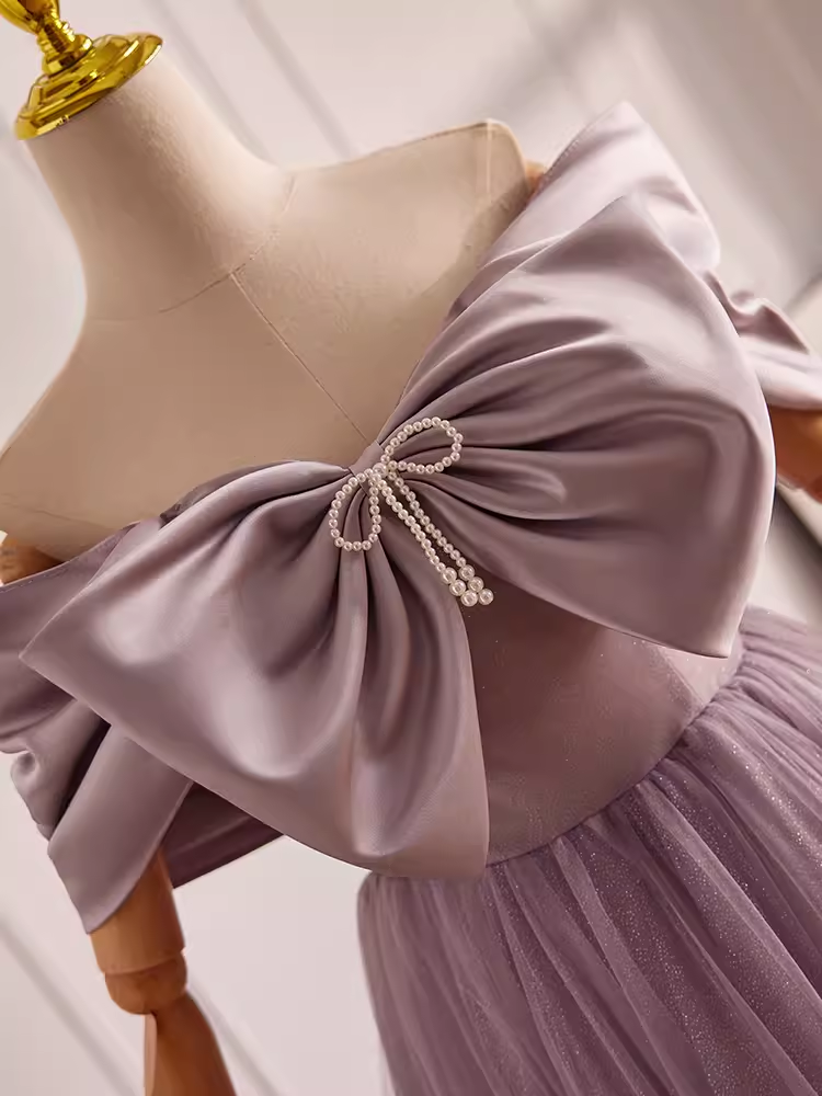 Modest A line Off The Shoulder Tulle Long Lilac Prom Dress B102