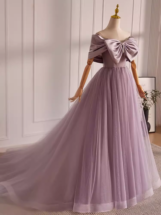 Robe de bal longue en Tulle, ligne A, épaules dénudées, modeste, lilas, B102