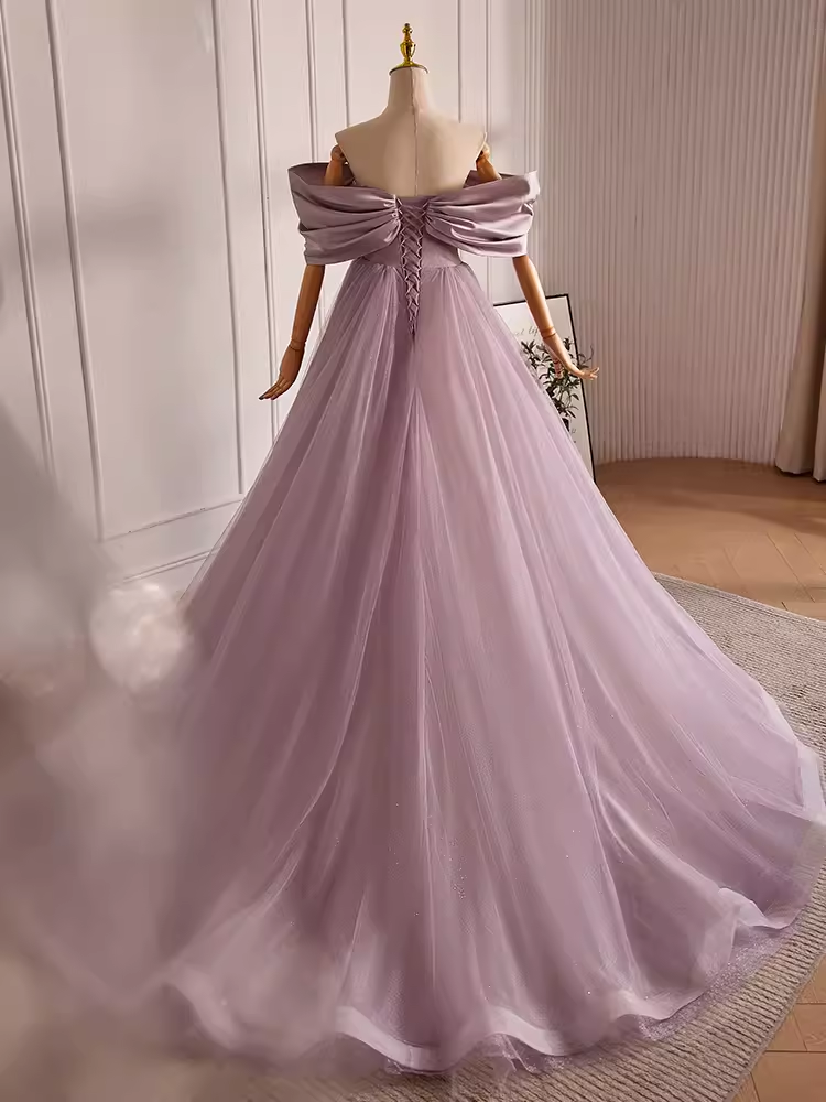 Modest A line Off The Shoulder Tulle Long Lilac Prom Dress B102