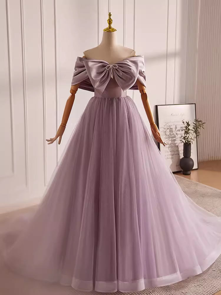 Modest A line Off The Shoulder Tulle Long Lilac Prom Dress B102