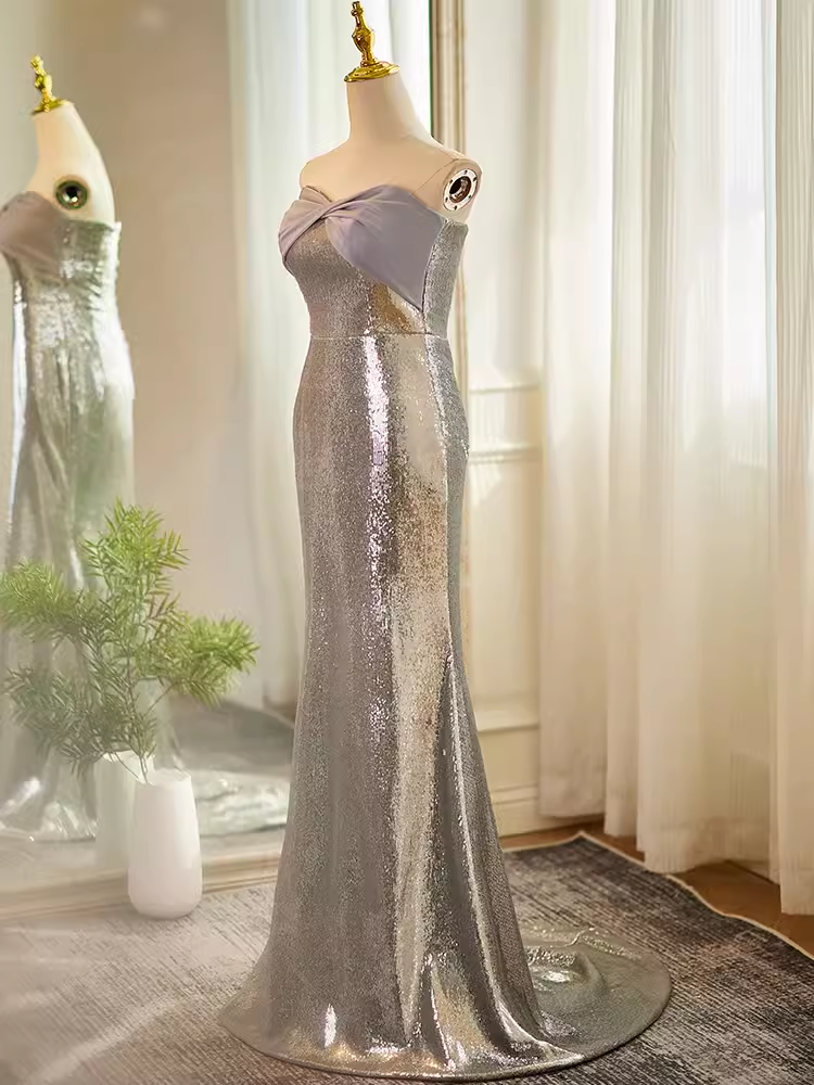 Modest Mermaid Strapless Sequin Long Silver Prom Dress B104