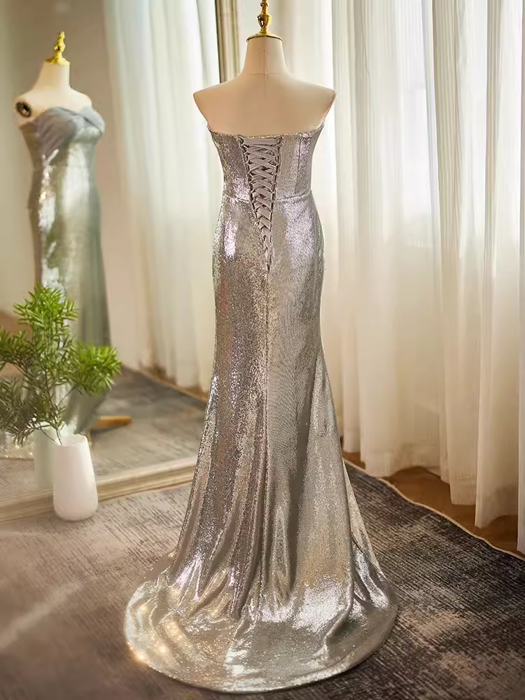 Modest Mermaid Strapless Sequin Long Silver Prom Dress B104