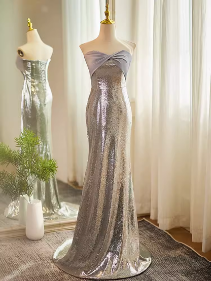 Modest Mermaid Strapless Sequin Long Silver Prom Dress B104