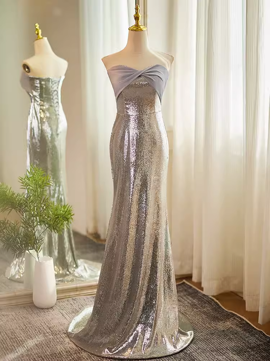 Robe de bal longue argentée, modeste, sirène, sans bretelles, à paillettes, B104