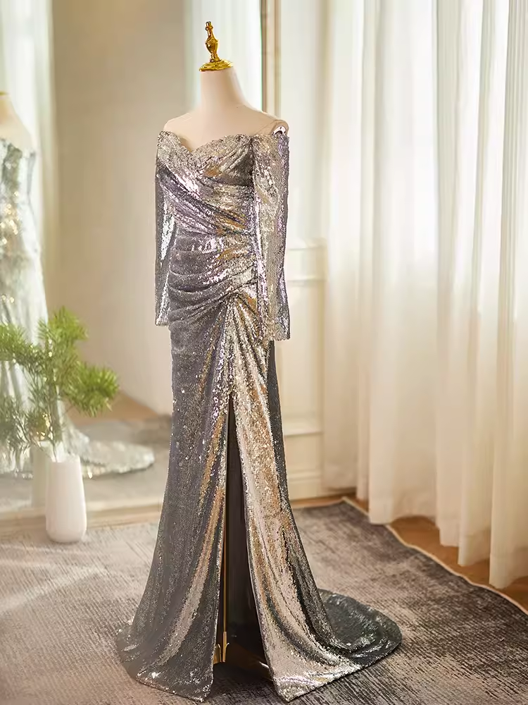 Modest Mermaid Off The Shoulder Sequin Long Silver Prom Dress B105