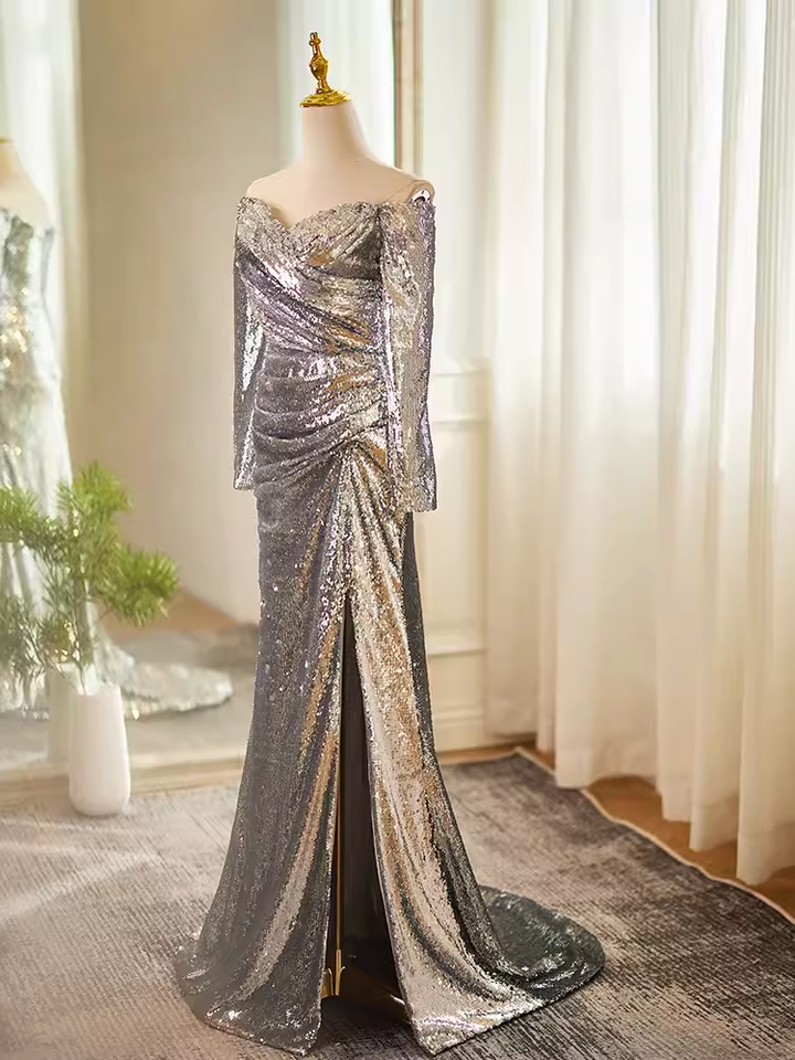 Glamorous Silver Off-the-Shoulder Sequin Slit Prom Dress