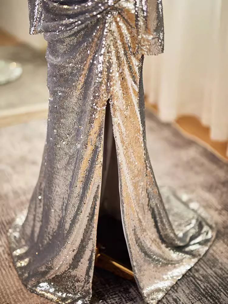 Modest Mermaid Off The Shoulder Sequin Long Silver Prom Dress B105