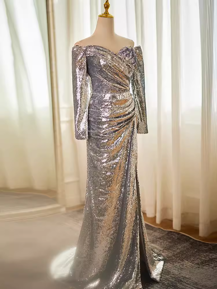 Modest Mermaid Off The Shoulder Sequin Long Silver Prom Dress B105