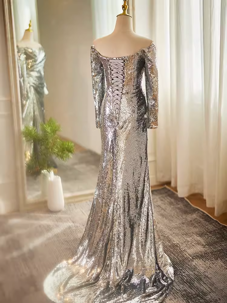 Modest Mermaid Off The Shoulder Sequin Long Silver Prom Dress B105