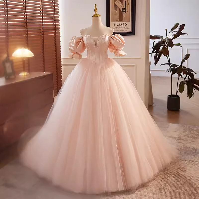 Vintage Ball Gown Off The Shoulder Blush Pink Tulle Sweet 16 Dresses B106