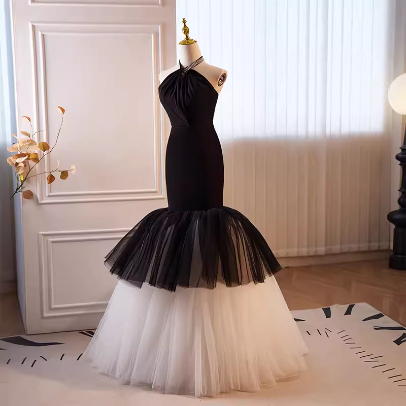 Modest Mermaid Halter Long Tulle Black Prom Dress B107