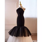 Modest Mermaid Halter Long Tulle Black Prom Dress B107