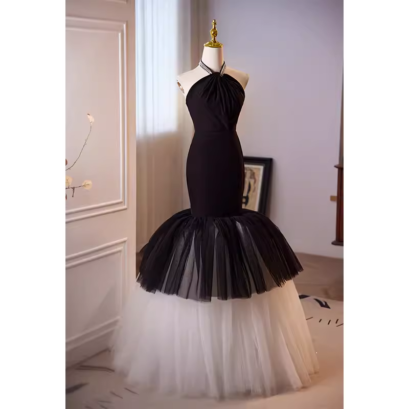 Modest Mermaid Halter Long Tulle Black Prom Dress B107