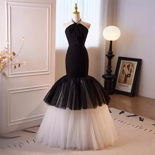 Robe de bal longue en tulle noir, style sirène, modeste, col licou, B107