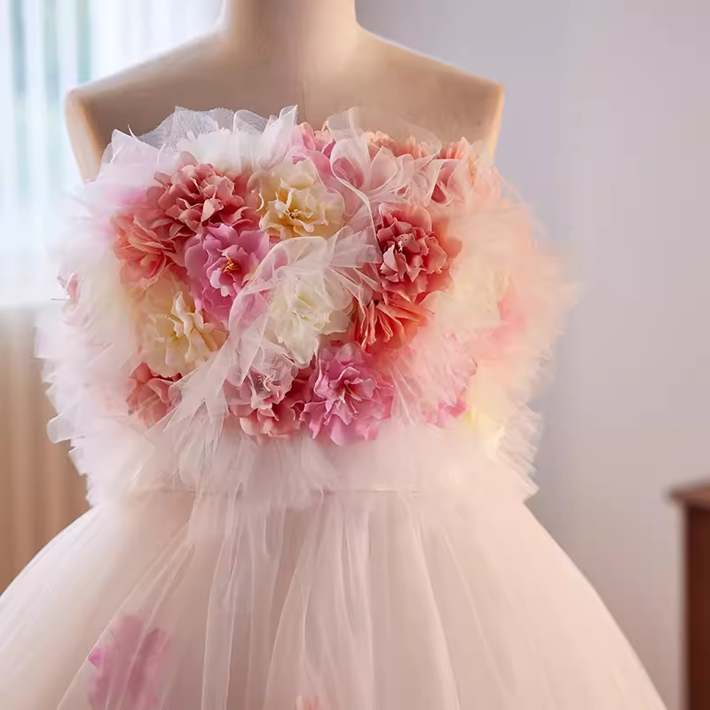 Vintage Ball Gown Strapless Pink Tulle Florwers Sweet 16 Dresses B108