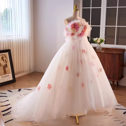 Vintage Ball Gown Strapless Pink Tulle Florwers Sweet 16 Dresses B108