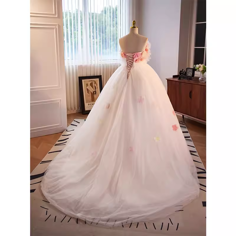 Vintage Ball Gown Strapless Pink Tulle Florwers Sweet 16 Dresses B108