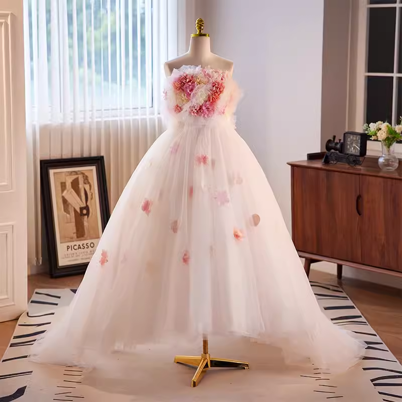 Robe de bal vintage sans bretelles en tulle rose à fleurs Sweet 16 robes B108