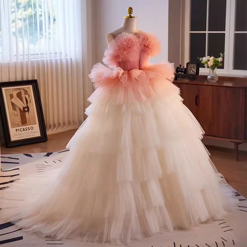 Vintage Ball Gown Strapless Ombre Pink Tulle Florwers Sweet 16 Dresses B109